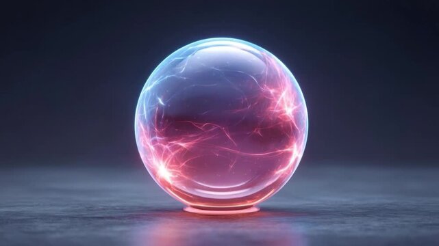 Transparent glowing sphere with dynamic neon pink and blue electric light patterns inside floating on reflective surface in dark ambient setting with futuristic and mystical style