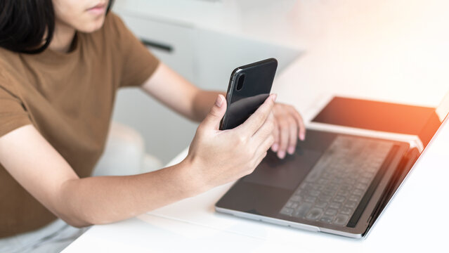 Digital lifestyle blog writer or business person work anywhere using smart device working on mobile smartphone and computer laptop via internet communication network technology e-commerce marketing