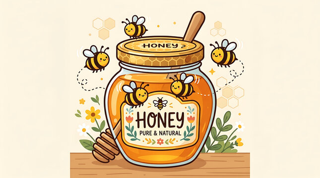 Honey bees fly around a pure natural honey jar with flowers