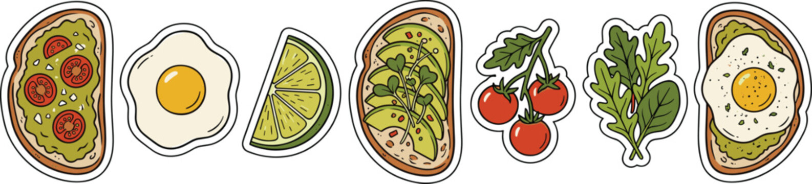 Healthy Avocado Toast and Breakfast Ingredients Sticker Set with Fried Egg, Tomatoes, Lime, and Green Salad Vector Illustration