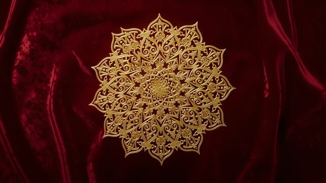 Intricate golden mandala on luxurious red velvet fabric background