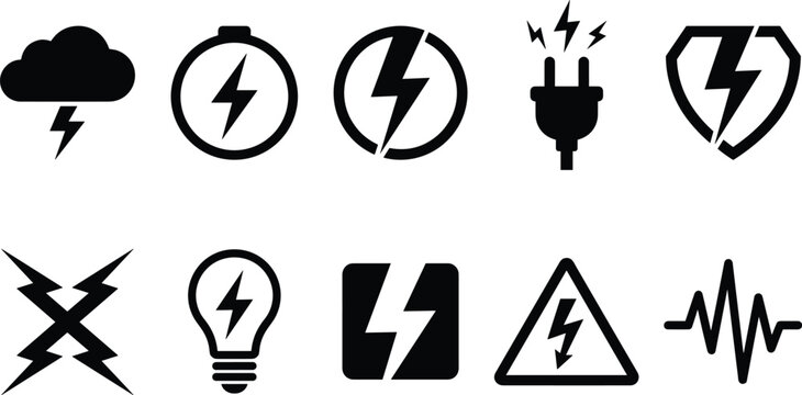electricity and energy power set icon featuring lightning bolts thunder cloud battery electric plug shield lightbulb warning triangle and pulse wave line
