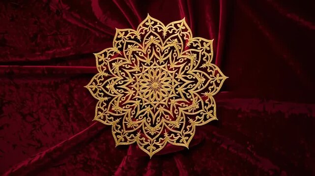 Intricate golden mandala on luxurious red velvet fabric