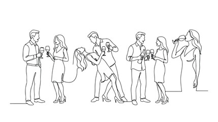 Obraz premium Continuous line art illustration of people at a party, men and women socializing, dancing, and drinking wine, minimalist vector graphic for event invitations and lifestyle designs