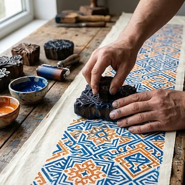  person's hands actively block printing on a long piece of light-colored fabric. The fabric is adorned with a colorful, repetitive pattern. Several wooden stamps
