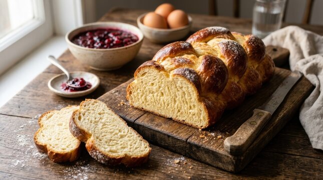 Golden brown braided challah bread sliced on a rustic wooden board with berry jam and eggs, presented in warm morning kitchen sunlight.