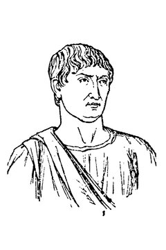 Emperor Trajan (Marcus Ulpius Traianus), Roman ruler, portrait bust with short wavy hair and toga, old vintage illustration, 1897.