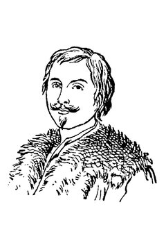Evangelista Torricelli, Italian physicist and mathematician, portrait with fur-trimmed garment and mustache, old vintage illustration, 1897.