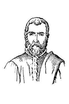 Tintoretto, bearded Italian Renaissance painter, pensive expression, period attire, old vintage illustration, 1897.