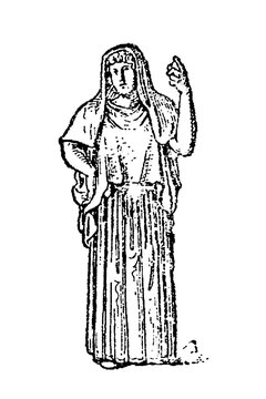 Roman goddess Vesta, full-length draped figure with raised hand and hand on hip, old vintage illustration, 1897.