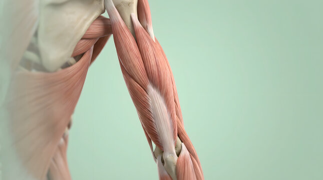 Human arm muscles anatomy showing bicep and tricep structure in a detailed medical 3d render against a plain background