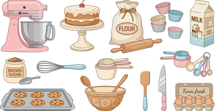 Baking Tools and Ingredients Collection with Kitchen Utensils, Cake and Dessert Illustration