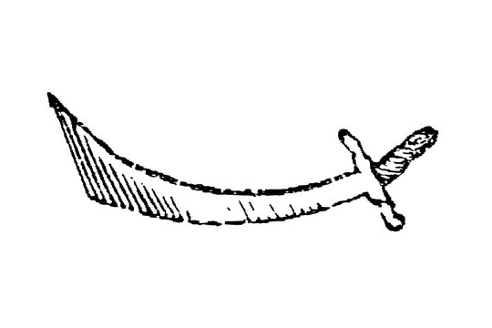 Curved scimitar with ornate hilt and wide blade, old vintage illustration, 1897.