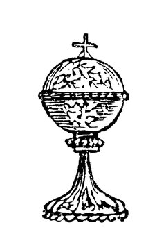 Ornate ciborium with cross-topped lid and decorated foot, old vintage illustration, 1897.