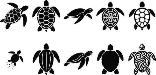 sea turtle black silhouettes vector icons set featuring different aquatic tortoises swimming crawling and showing tribal pattern isolated on white background  © MstMonjila