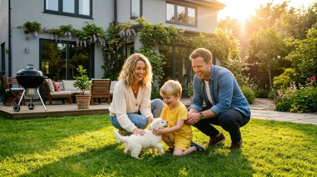 Joyful family of three playing with a cute golden retriever puppy in their sunny backyard garden.