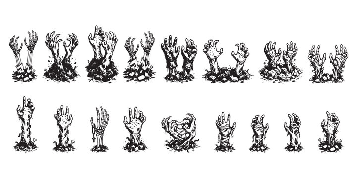 Halloween horror zombie and skeleton hands rising from grave line art vector set