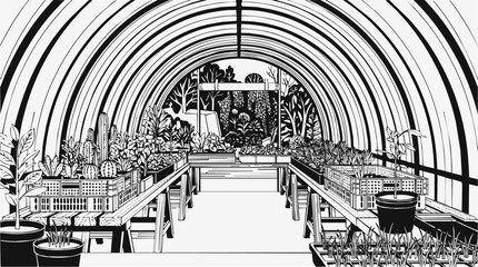 Fototapeta premium Greenhouse interior filled with plants and nursery seedlings for gardening and herb propagation in a black and white vector illustration