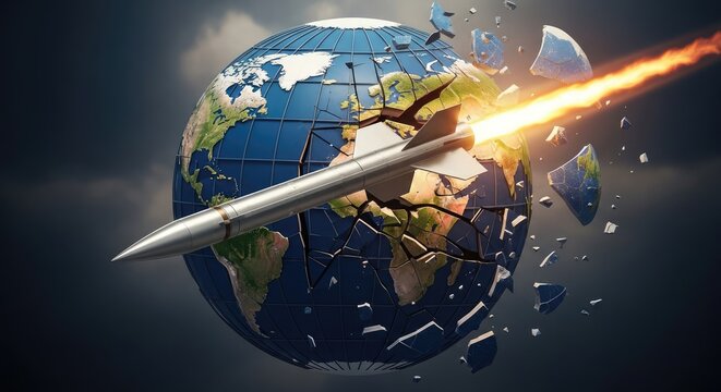 Missile hitting earth globe causing global destruction.