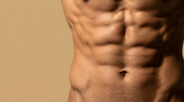 Muscular male torso with defined six pack abs and athletic physique isolated on a plain solid beige studio background