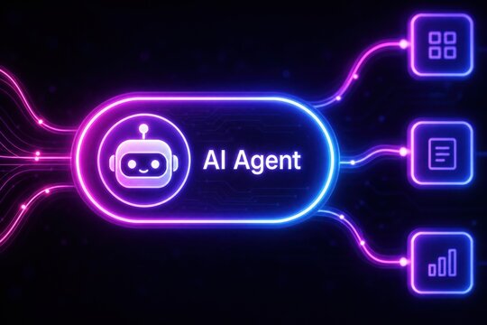 A futuristic AI agent interface glows with neon lights on a dark background.