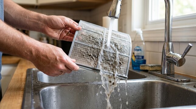 Man cleaning air filter under kitchen sink faucet with water running