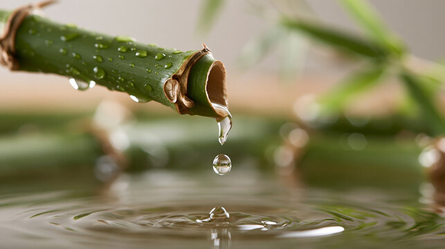 Fresh Water Drop Falling From Green Bamboo Stem Close Up