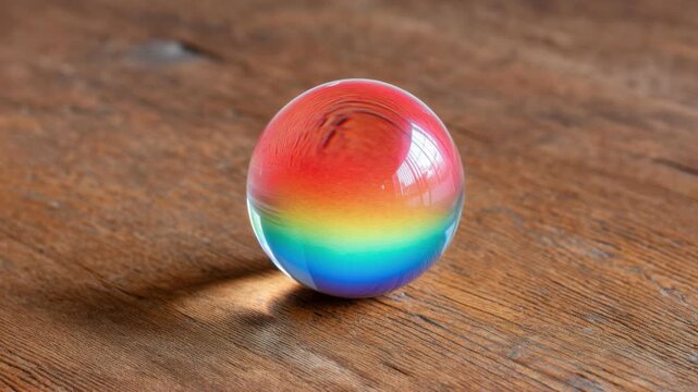 Transparent glass sphere reflecting light and casting a vibrant rainbow spectrum on textured wooden surface with natural soft focus background
