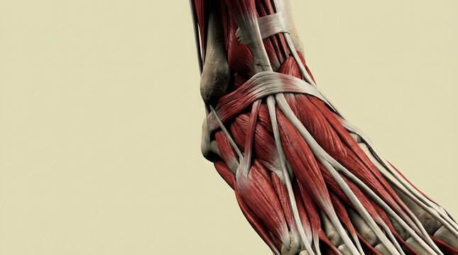 Human ankle anatomy showing detailed muscle fibers tendons and bone structure in a clear medical isolated studio lighting view