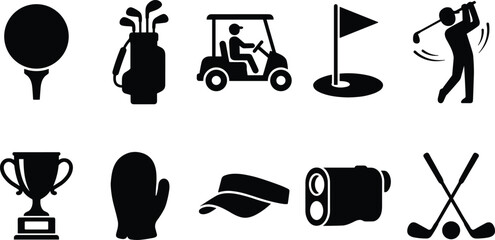 golf sport championship equipment black silhouette icons set featuring ball on tee bag cart flag hole player swing trophy glove visor rangefinder and clubs  © MstMonjila