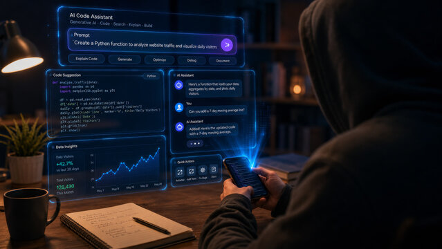 Software Developer Using Futuristic AI Code Assistant Interface on Mobile