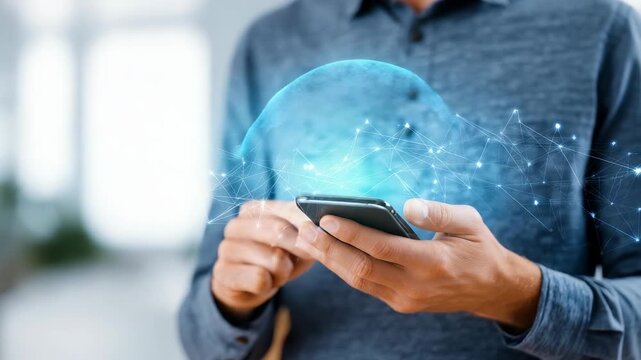 Close up of male hands interacting with a smartphone, surrounded by glowing digital network graphics. Symbolizes wireless communication, data transfer, and the future of mobile technology
