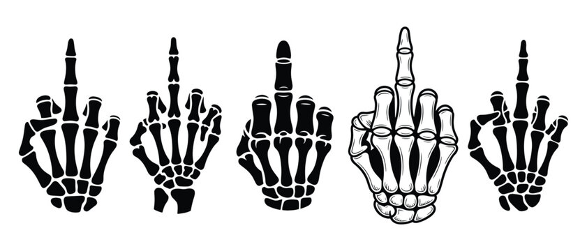 Skeleton Hand Middle Finger Vector Set, Bone Hand Gesture Illustrations, Halloween Skeleton Bone Hand Rude Middle Finger Gesture for Tattoo and Sticker Design