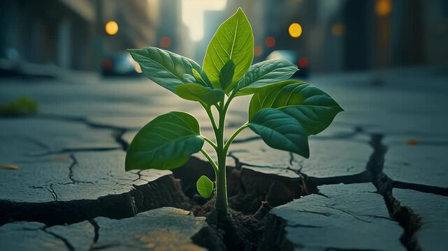 A vibrant green plant sprouts from a deep crack in a desolate urban pavement, symbolizing resilience and new life.