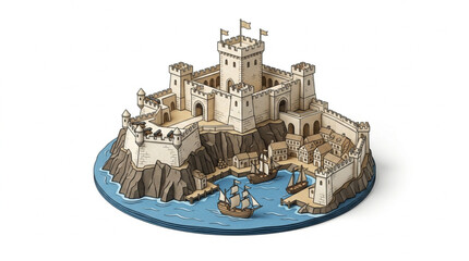 Detailed miniature model of a medieval castle on a rocky island. © Rud