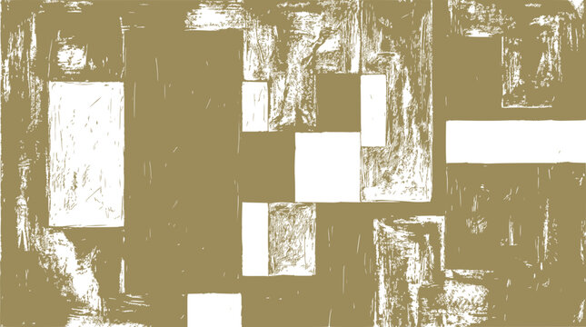 Abstract geometric pattern with textured blocks and rectangles in muted gold and white.