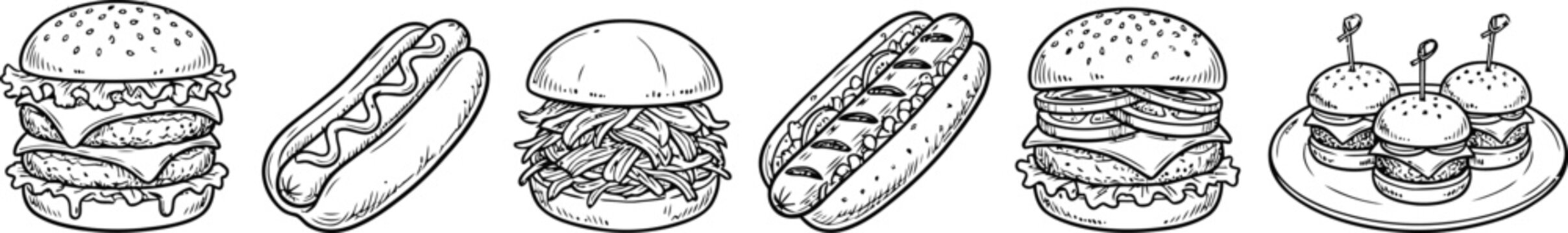 Detailed vector illustration set of various fast food items including burgers, hot dogs, and sliders in monochrome outline style.