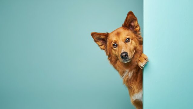 Cute Dog Peeking Over Blue Background with Playful Expression