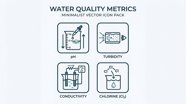 Water quality metrics icons show pH turbidity conductivity chlorine levels