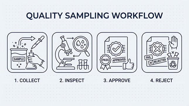 A laboratory technician collects samples, inspects them under a microscope, approves quality, and rejects defective products in a quality control process.