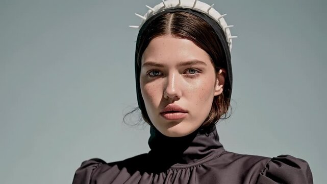 A stylish young woman poses with a distinctive spiky headpiece and a sophisticated dark outfit against a plain background