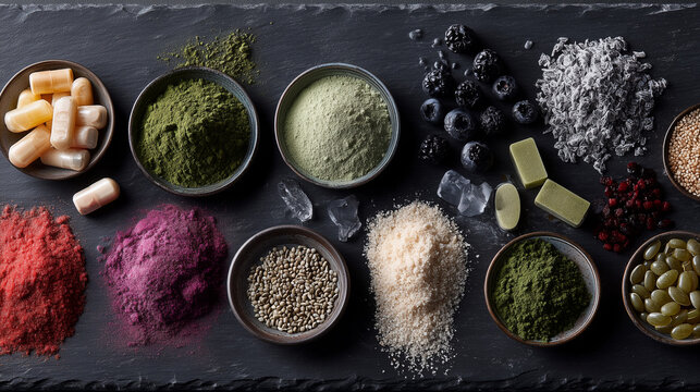 Assorted probiotic and superfood products, clean composition, commercial food photography