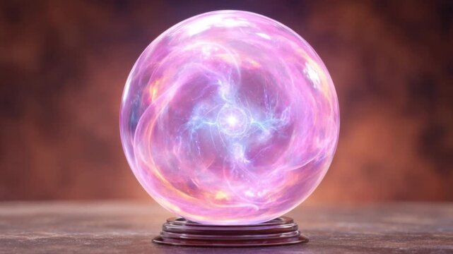Mystical glowing crystal sphere with swirling purple and blue energy light inside on wooden surface with soft warm background glow