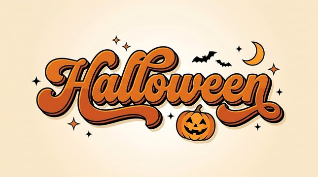 Vintage style halloween typography logo with pumpkin and bats
