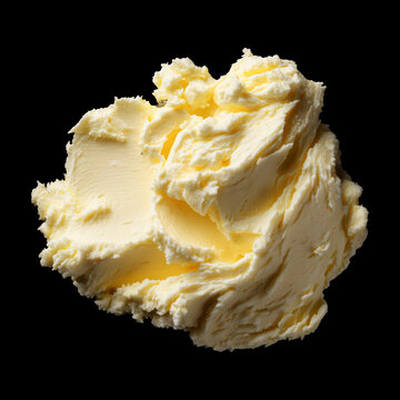 Creamy clotted butter swirl in closeup isolated on black background with clipping path, concept of rich dairy texture