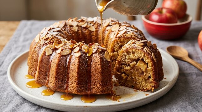 Delicious Homemade Apple Bundt Cake Topped with Toasted Almonds and Powdered Sugar being Drizzled with Maple Syrup on a Table with Fresh Red Apples