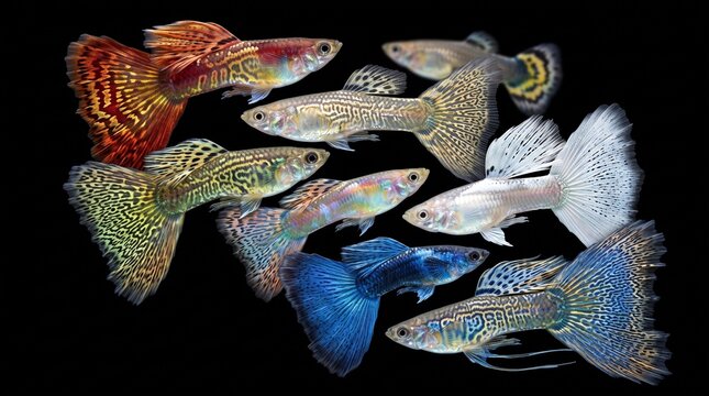 A vibrant collection of diverse guppy fish showcasing various colors and fin types.