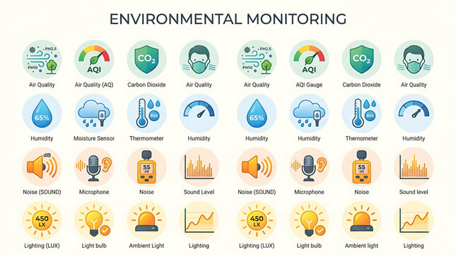 Flat vector icon set of environmental monitoring sensors for measuring air quality, humidity, sound level, and light metrics