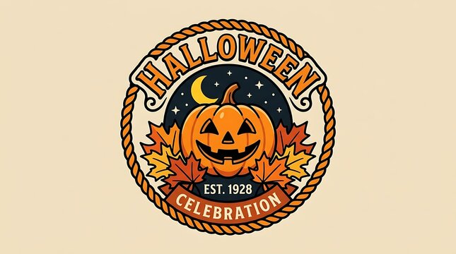 Vintage halloween celebration emblem with carved pumpkin and leaves
