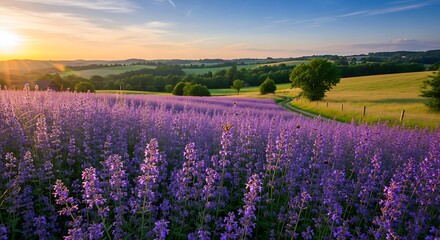 Fototapeta premium Beautiful Lavender Field at Sunset with Rolling Hills.